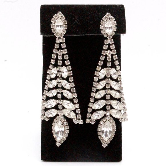 Vintage 90's Rhinestones Rhodium Plate Fancy Bridal Dangle Long Post Earrings - Picture 1 of 10